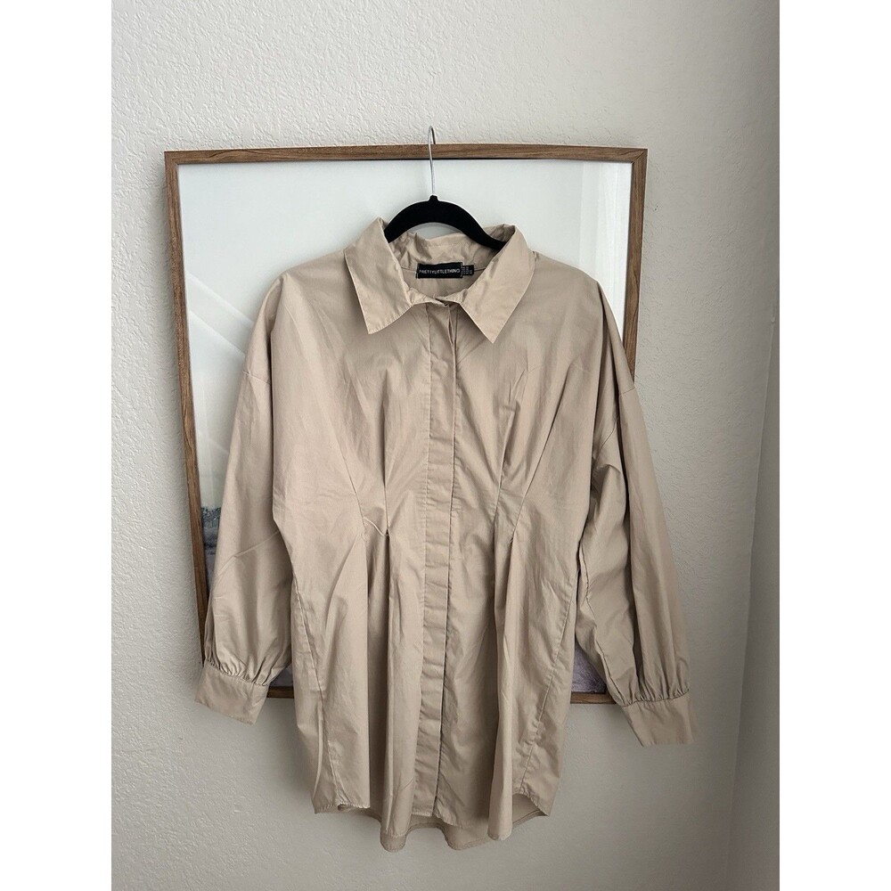 PrettyLittleThing Beige Taupe Fitted Waist Shirt Dress Mini Collared US 10